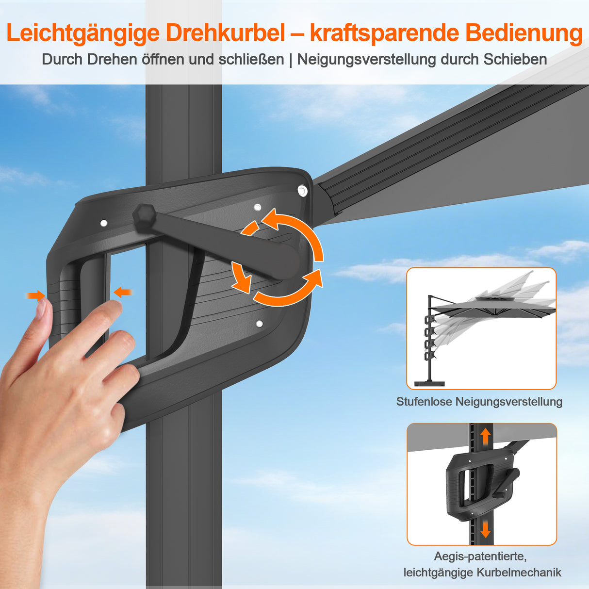 Patioslife Aegis Pro Ampelschirm -moderner Sonnenschirm mit Kreuzfuß und verstärktem Aluminiumgestell für Garten und Terrasse.