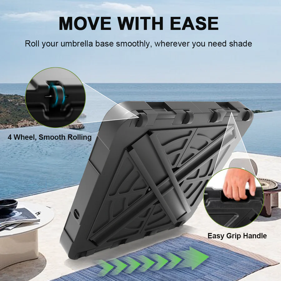 Befüllbarer HDPE-Sonnenschirmständer mit Rollen – Befüllgewicht 115–200 kg, geeignet für Garten, Terrasse und Poolbereich