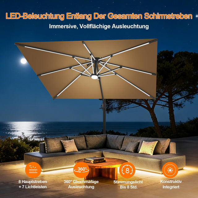 Patioslife Aegis Premium Ampelschirm mit integrierter LED-Beleuchtung, Fiberglasstreben, pulverbeschichtetem Aluminiumgestell und Schutzhülle