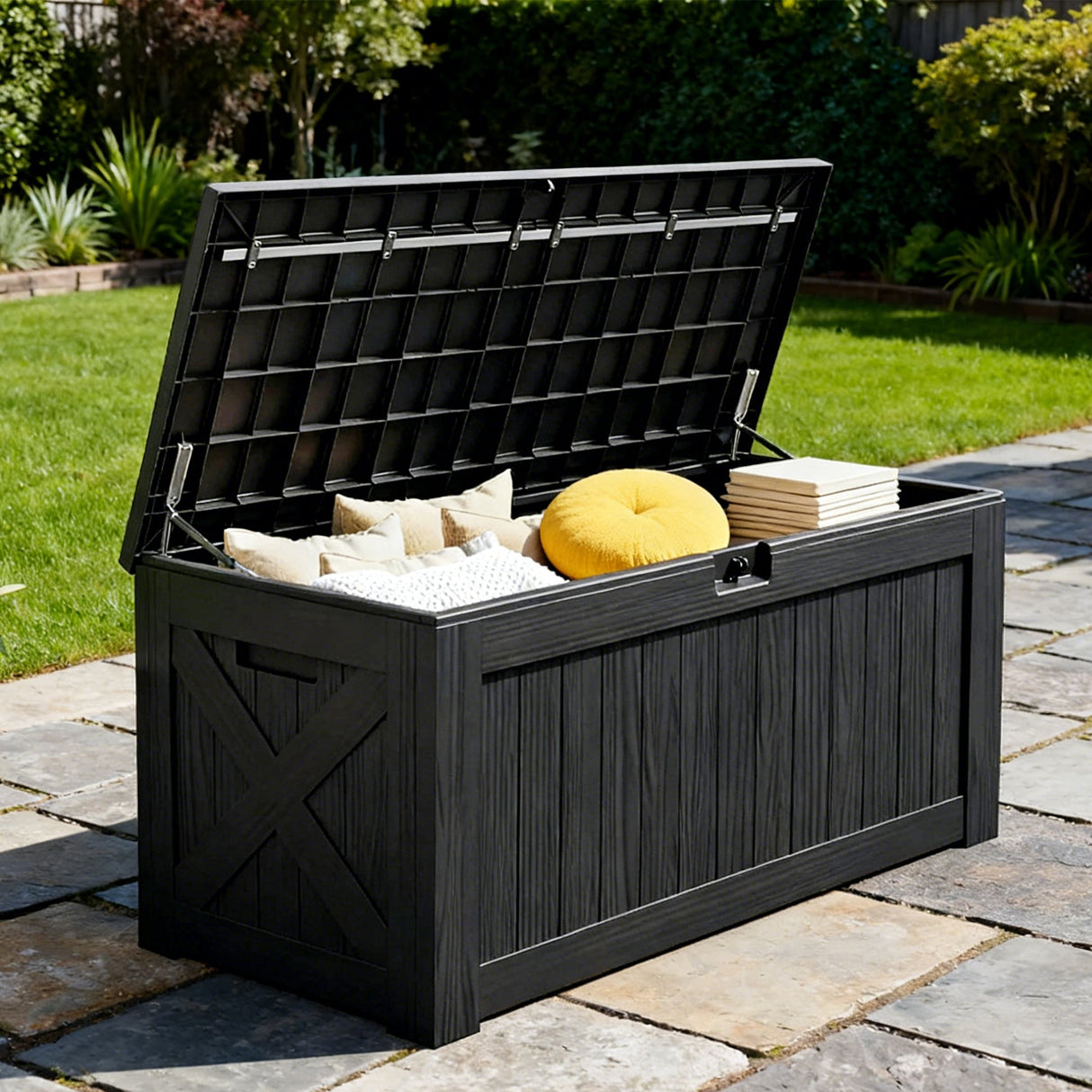 Kunstharz-Aufbewahrungsbox – groß, wetterfest, UV-beständig und abschließbar, für Polster, Gartengeräte und Poolzubehör