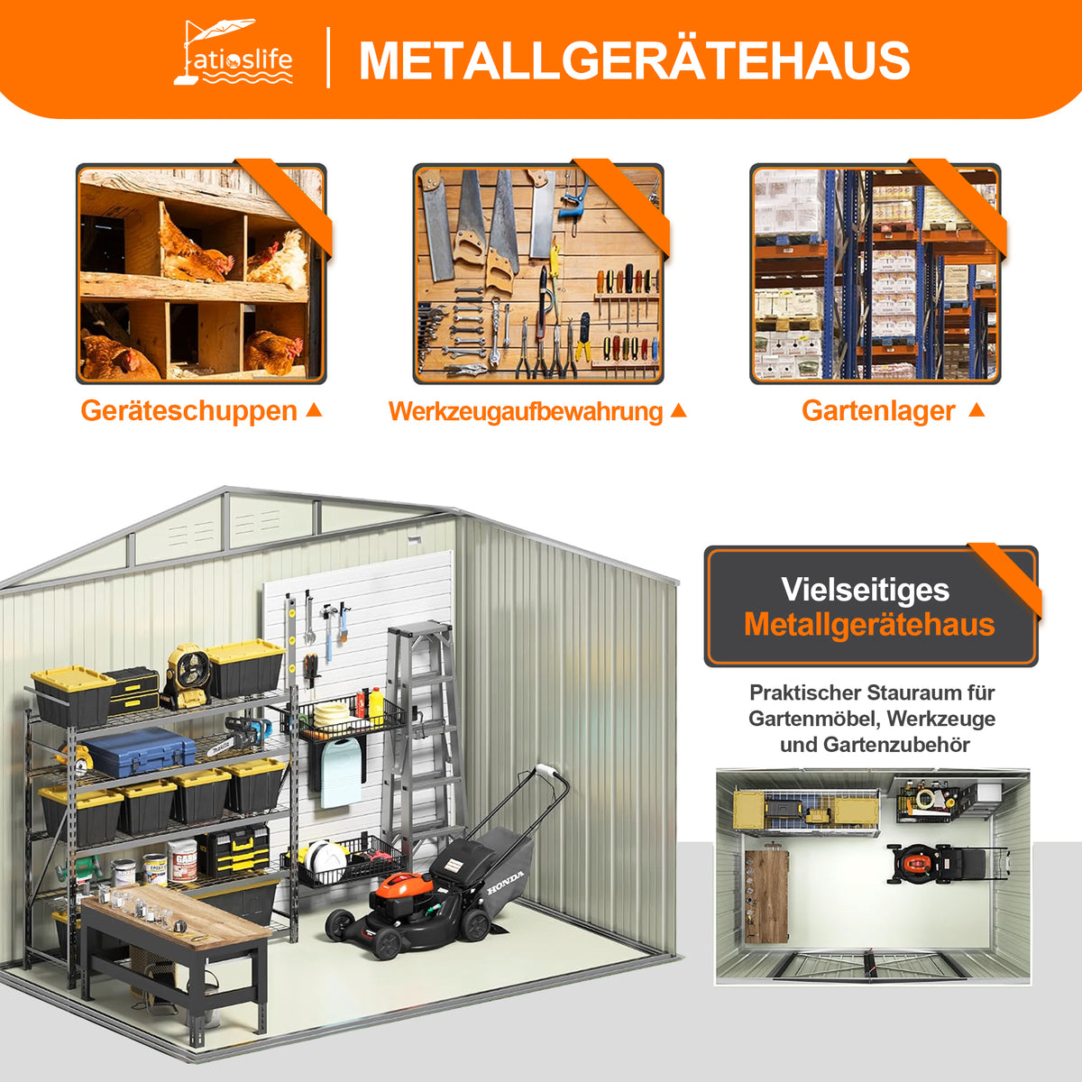 Patioslife Metallgerätehaus mit Satteldach aus verzinktem Stahlblech – wetterfester Geräteschuppen für Gartengeräte