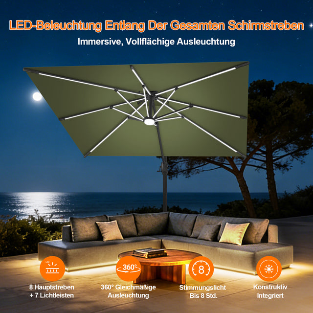 Patioslife Aegis Premium Ampelschirm mit integrierter LED-Beleuchtung, Fiberglasstreben, pulverbeschichtetem Aluminiumgestell und Schutzhülle