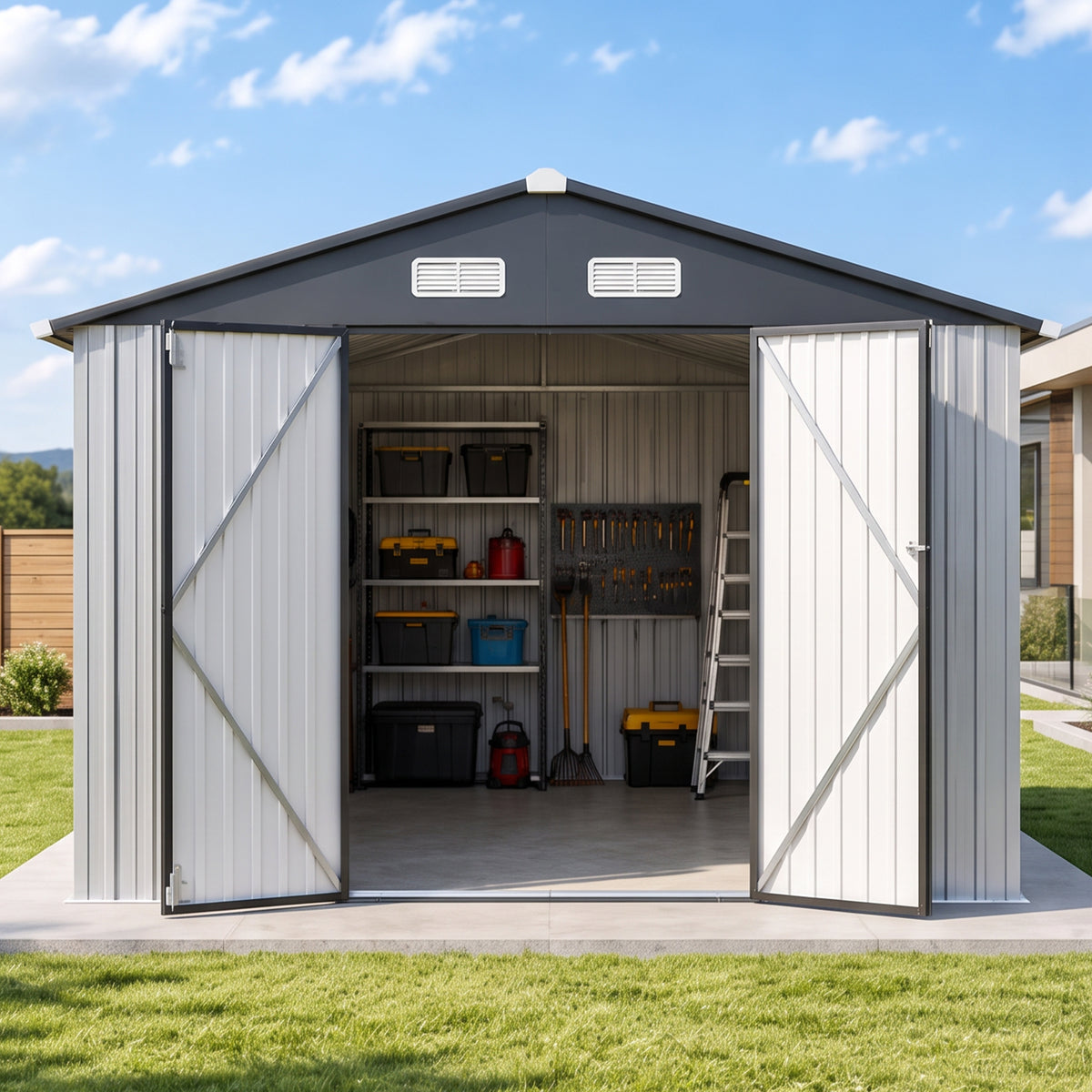 Patioslife YardVault Pro Gerätehaus Metall mit Fenster und abschließbarer Tür – aus verzinktem Stahl, rostgeschützt, extra stabil