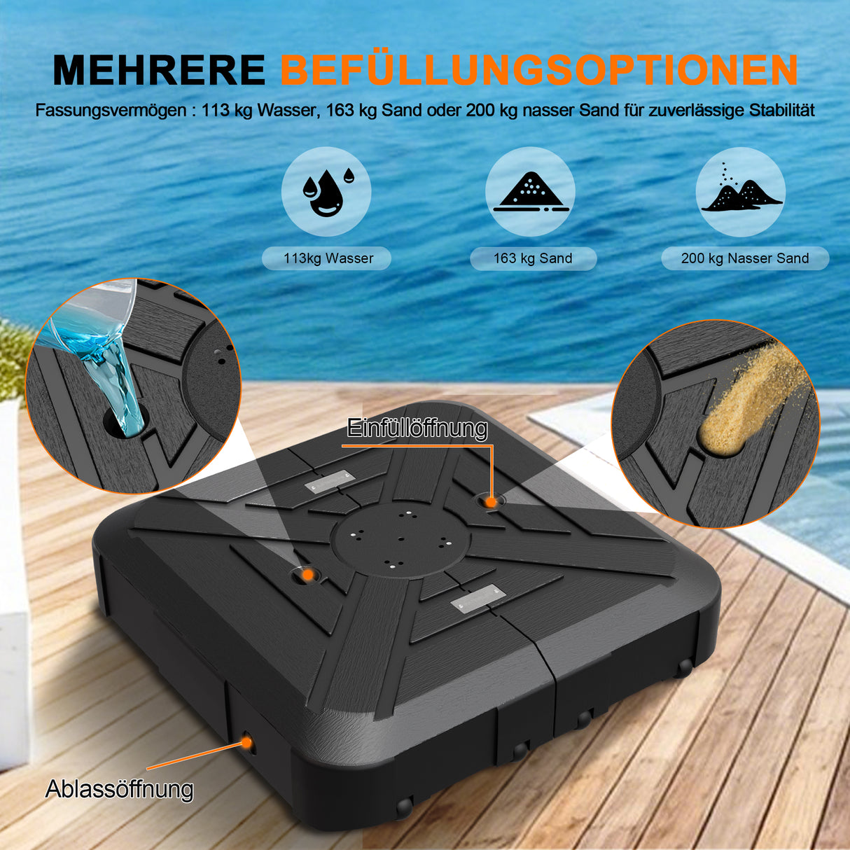Befüllbarer HDPE-Sonnenschirmständer mit Rollen – Befüllgewicht 115–200 kg, geeignet für Garten, Terrasse und Poolbereich