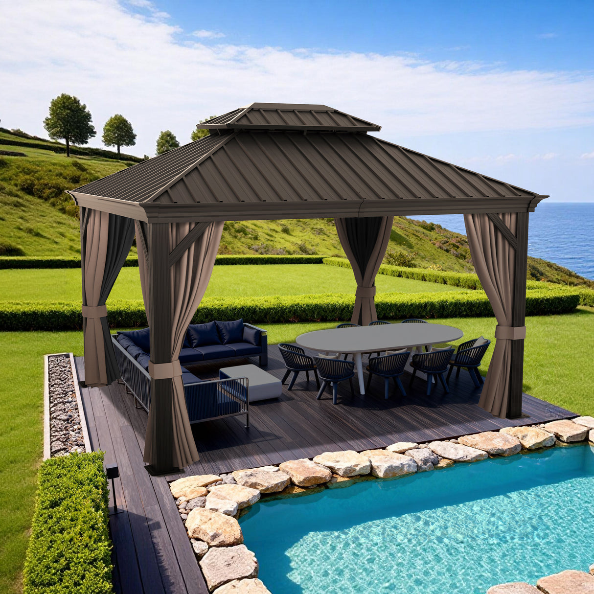 Patioslife Luxury Haven Hardtop-Pavillon aus Aluminium – 12x12 cm starke Pfosten, integrierte Entwässerung & doppelt belüftetes Dach mit Vorhängen