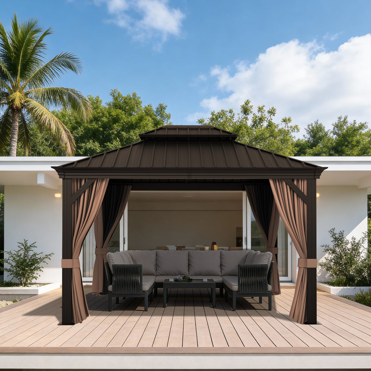 Patioslife Luxury Haven Hardtop-Pavillon aus Aluminium – 12x12 cm starke Pfosten, integrierte Entwässerung & doppelt belüftetes Dach mit Vorhängen