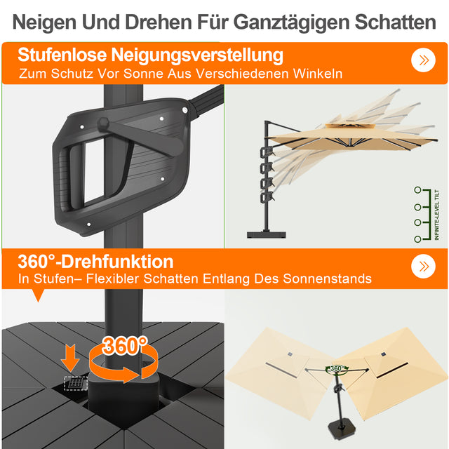 Patioslife Aegis Premium Ampelschirm mit integrierter LED-Beleuchtung, Fiberglasstreben, pulverbeschichtetem Aluminiumgestell und Schutzhülle