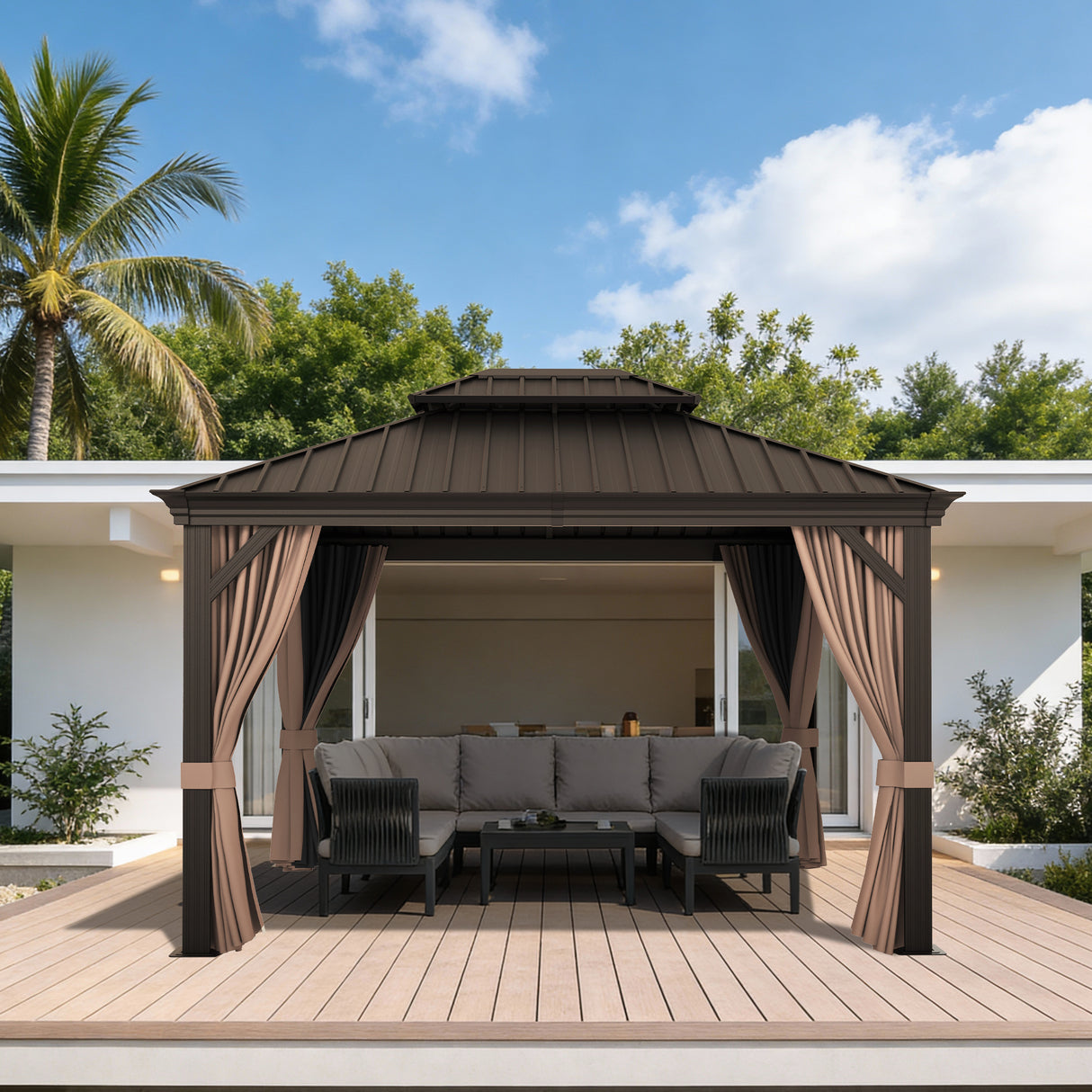 Patioslife Luxury Haven Hardtop-Pavillon aus Aluminium – 12x12 cm starke Pfosten, integrierte Entwässerung & doppelt belüftetes Dach mit Vorhängen