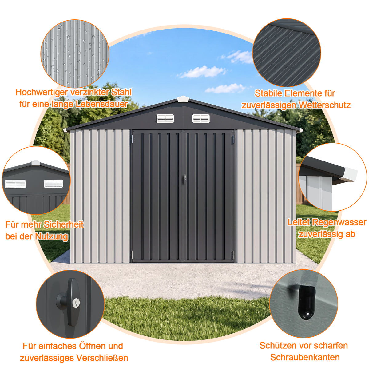 Patioslife YardVault Pro Gerätehaus Metall mit Fenster und abschließbarer Tür – aus verzinktem Stahl, rostgeschützt, extra stabil