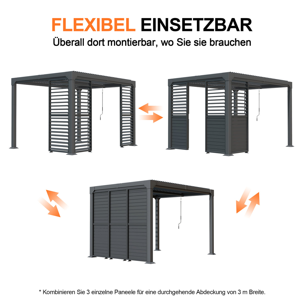 Patioslife Atlantic Series Pergola-Seitenwand aus Aluminium mit verstellbaren Lamellen – Sicht-, Sonnen- und Windschutz