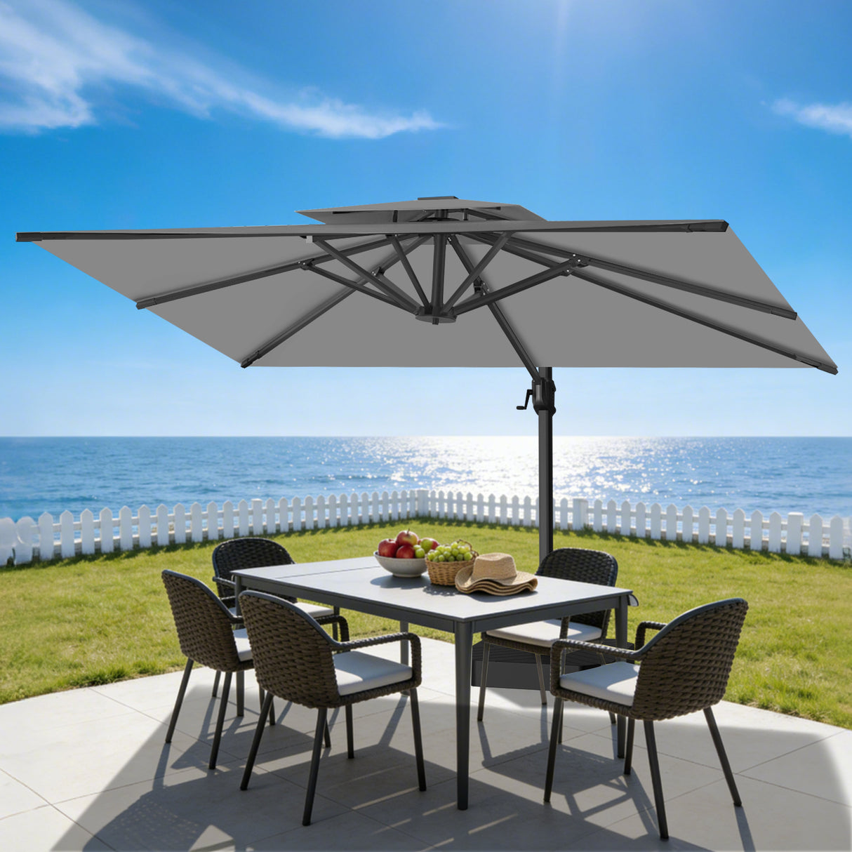 Patioslife Aegis Pro Ampelschirm -moderner Sonnenschirm mit Kreuzfuß und verstärktem Aluminiumgestell für Garten und Terrasse.