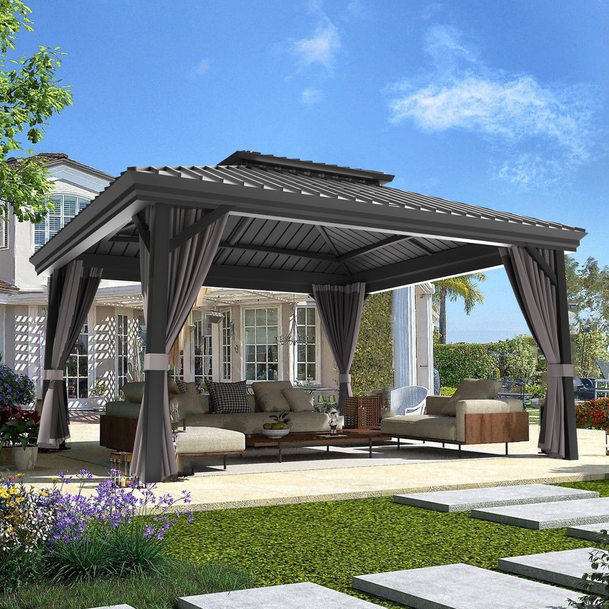 Patioslife Luxury Haven Hardtop-Pavillon aus Aluminium – 12x12 cm starke Pfosten, integrierte Entwässerung & doppelt belüftetes Dach mit Vorhängen