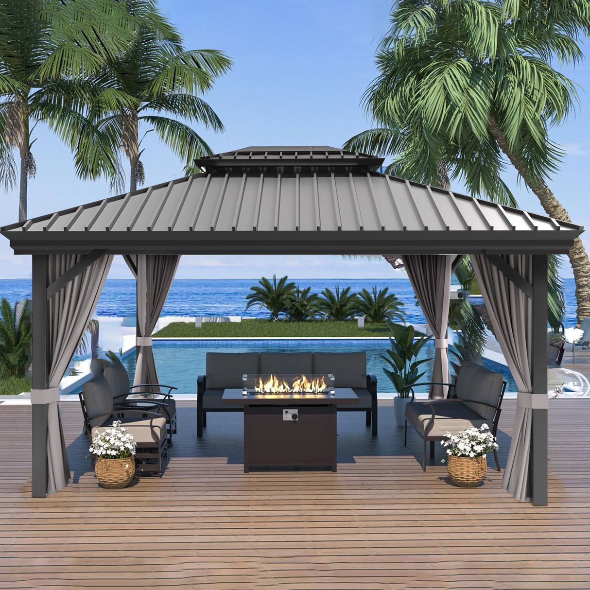 Patioslife Luxury Haven Hardtop-Pavillon aus Aluminium – 12x12 cm starke Pfosten, integrierte Entwässerung & doppelt belüftetes Dach mit Vorhängen