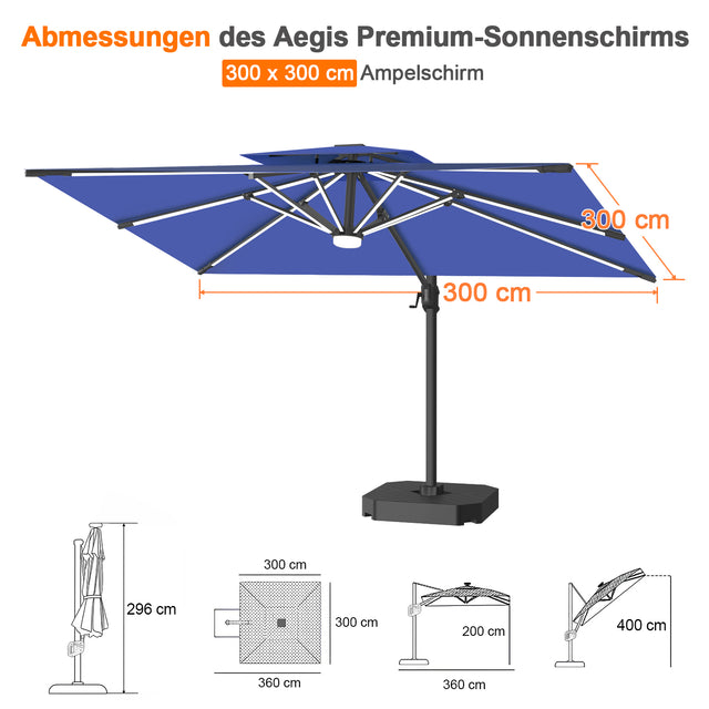 Patioslife Aegis Premium Ampelschirm mit integrierter LED-Beleuchtung, Fiberglasstreben, pulverbeschichtetem Aluminiumgestell und Schutzhülle