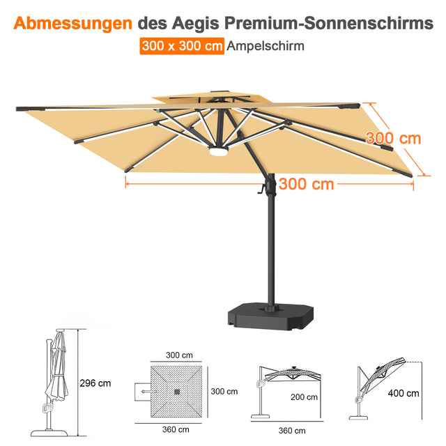 Patioslife Aegis Premium Ampelschirm mit integrierter LED-Beleuchtung, Fiberglasstreben, pulverbeschichtetem Aluminiumgestell und Schutzhülle