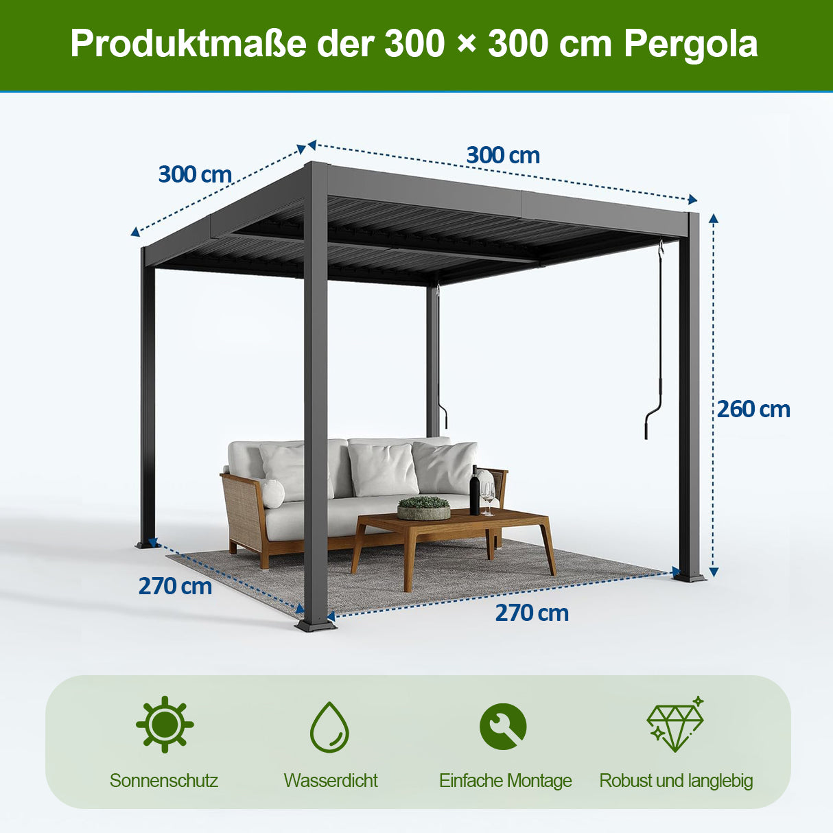 Patioslife Atlantic™ Aluminium-Lamellenpergola – freistehende Pergola mit verstellbarem Lamellendach