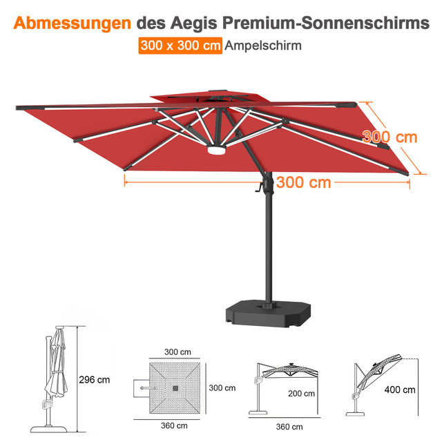 Patioslife Aegis Premium Ampelschirm mit integrierter LED-Beleuchtung, Fiberglasstreben, pulverbeschichtetem Aluminiumgestell und Schutzhülle