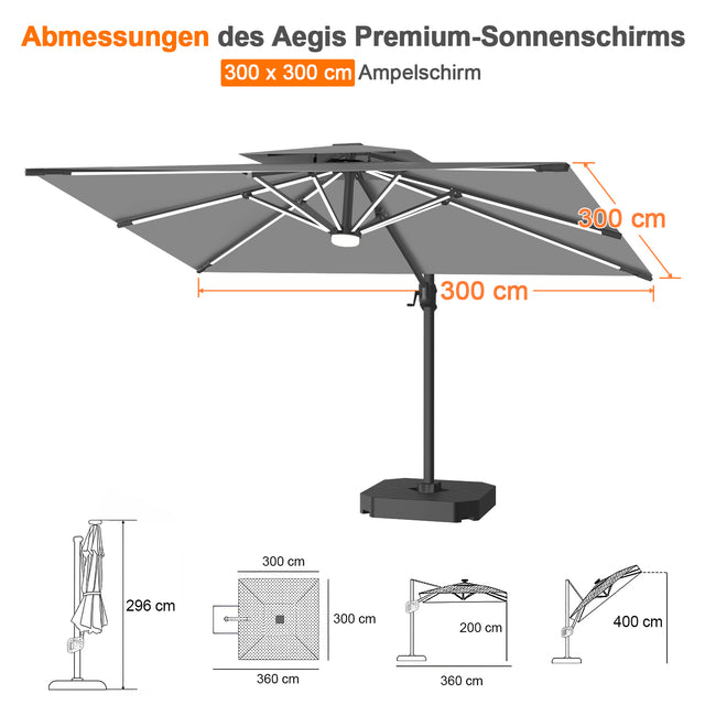 Patioslife Aegis Premium Ampelschirm mit integrierter LED-Beleuchtung, Fiberglasstreben, pulverbeschichtetem Aluminiumgestell und Schutzhülle