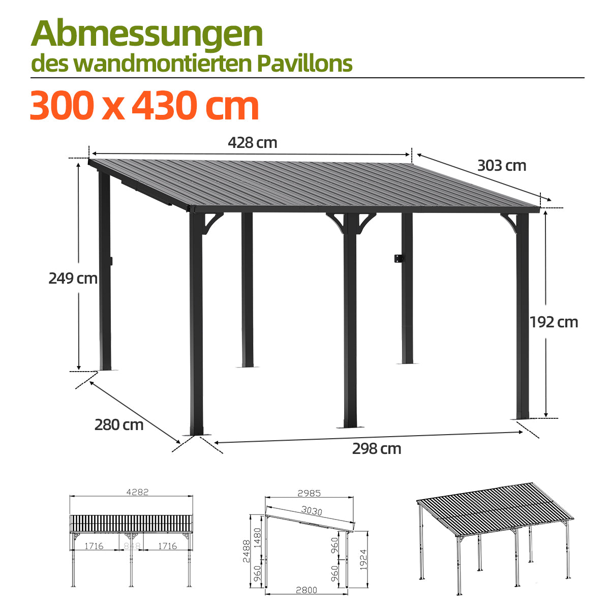 Patioslife Haven™ Hardtop-Pavillon aus Aluminium – wandmontiert mit festem Dach, für Garten und Terrasse