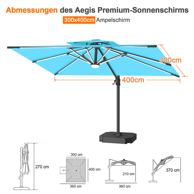 Patioslife Aegis Premium Ampelschirm mit integrierter LED-Beleuchtung, Fiberglasstreben, pulverbeschichtetem Aluminiumgestell und Schutzhülle