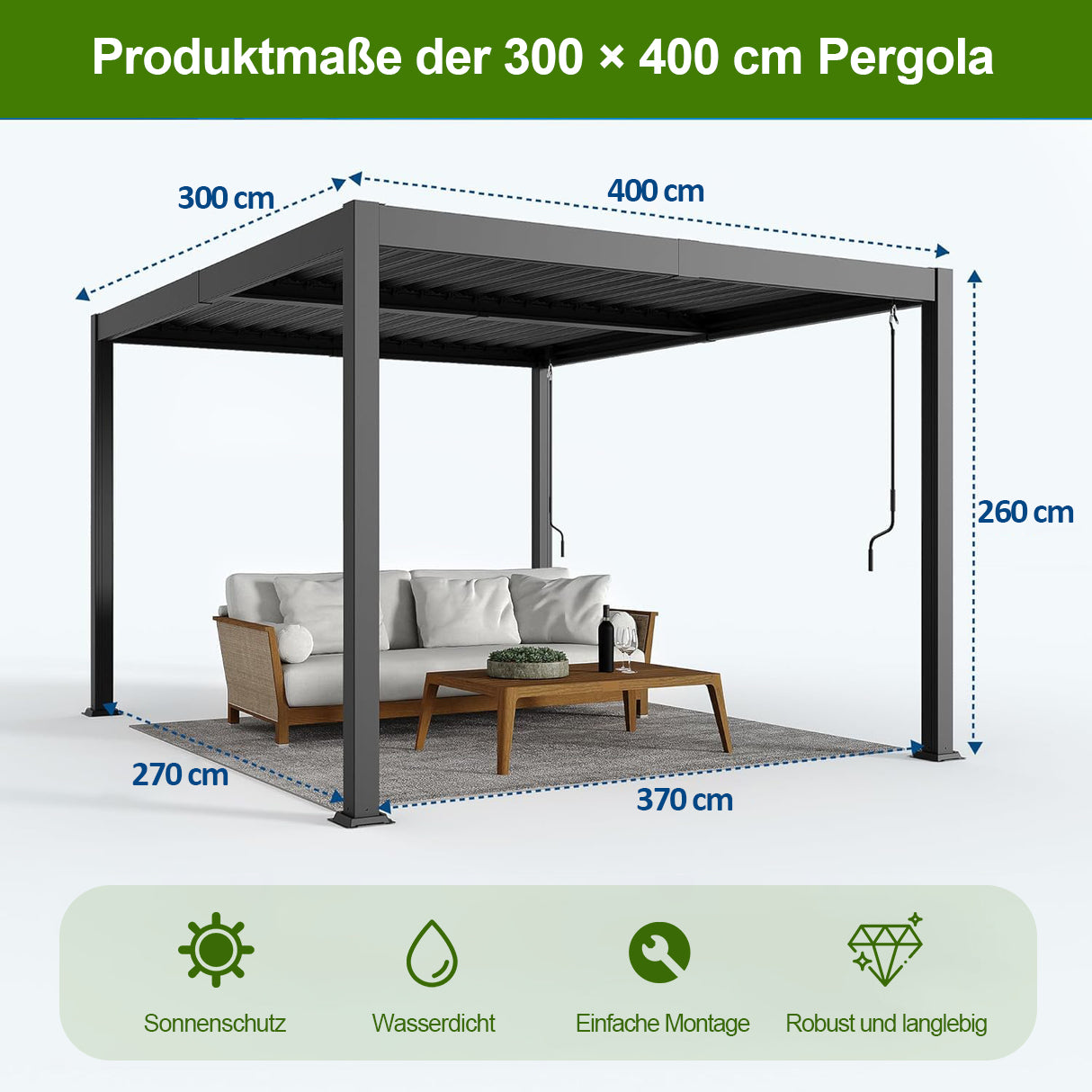 Patioslife Atlantic™ Aluminium-Lamellenpergola – freistehende Pergola mit verstellbarem Lamellendach
