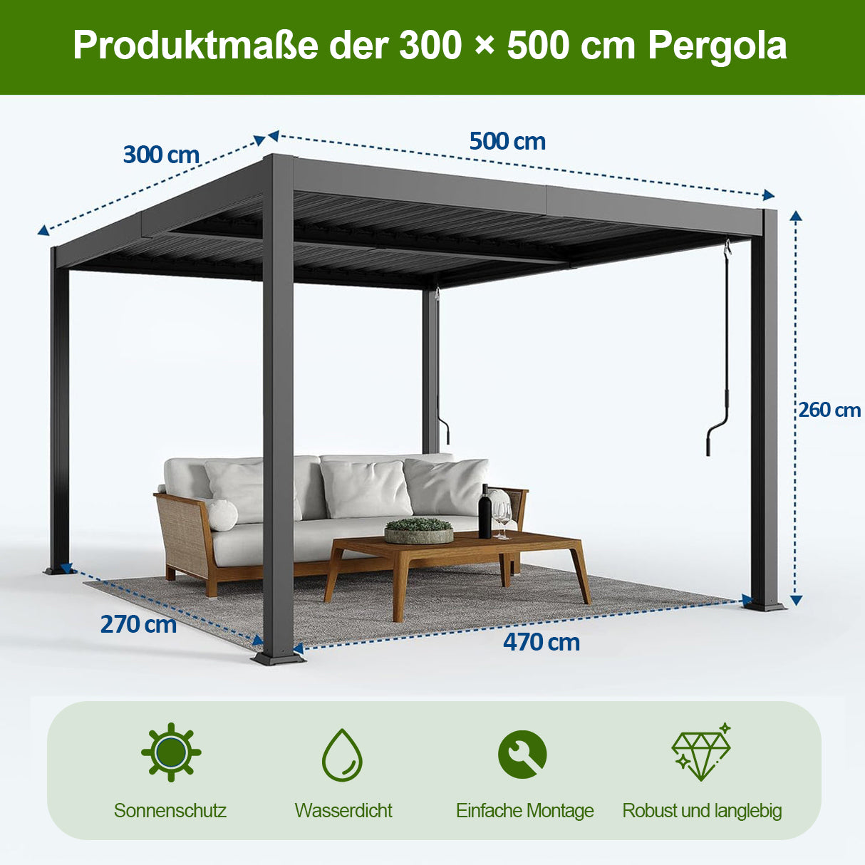 Patioslife Atlantic™ Aluminium-Lamellenpergola – freistehende Pergola mit verstellbarem Lamellendach