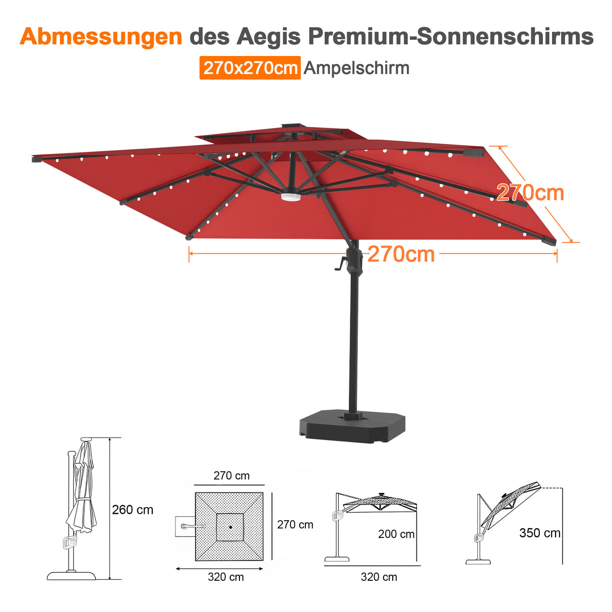 Patioslife Aegis Pro Ampelschirm mit LED-Beleuchtung – verstärkte, pulverbeschichtete Aluminiumkonstruktion für Garten und Terrasse