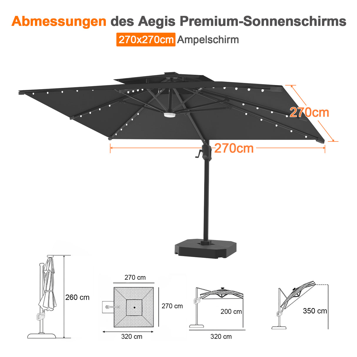 Patioslife Aegis Pro Ampelschirm mit LED-Beleuchtung – verstärkte, pulverbeschichtete Aluminiumkonstruktion für Garten und Terrasse