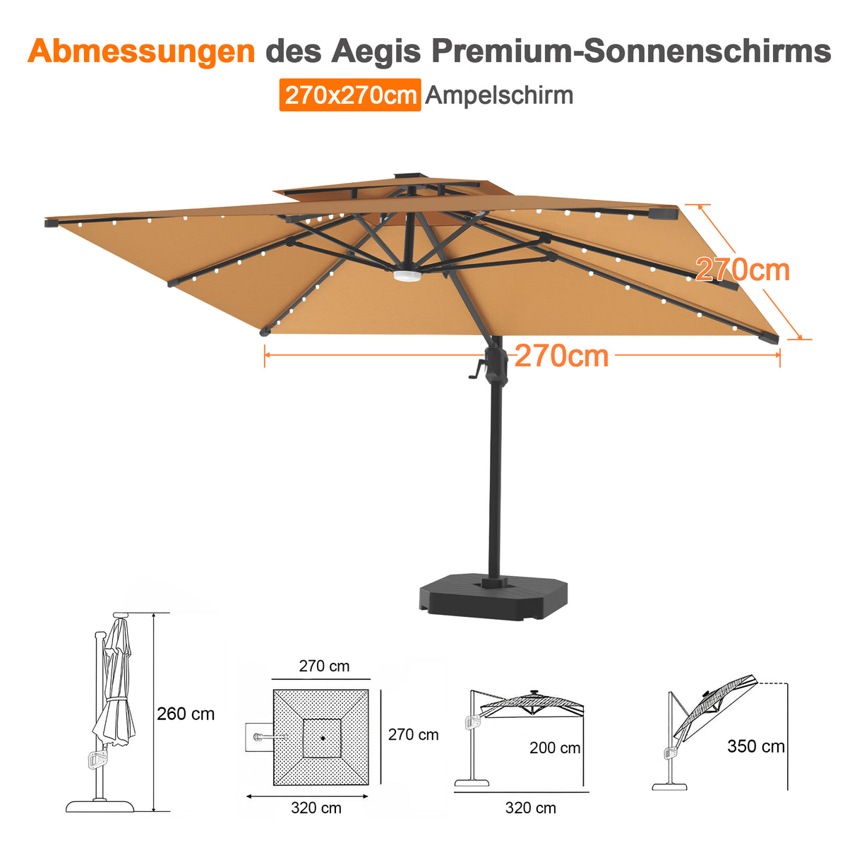 Patioslife Aegis Pro Ampelschirm mit LED-Beleuchtung – verstärkte, pulverbeschichtete Aluminiumkonstruktion für Garten und Terrasse