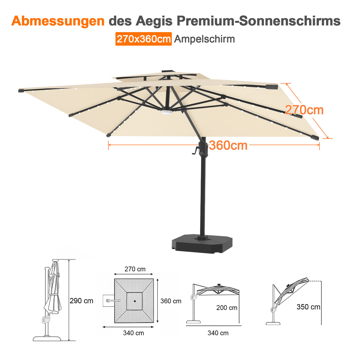 Patioslife Aegis Pro Ampelschirm mit LED-Beleuchtung – verstärkte, pulverbeschichtete Aluminiumkonstruktion für Garten und Terrasse
