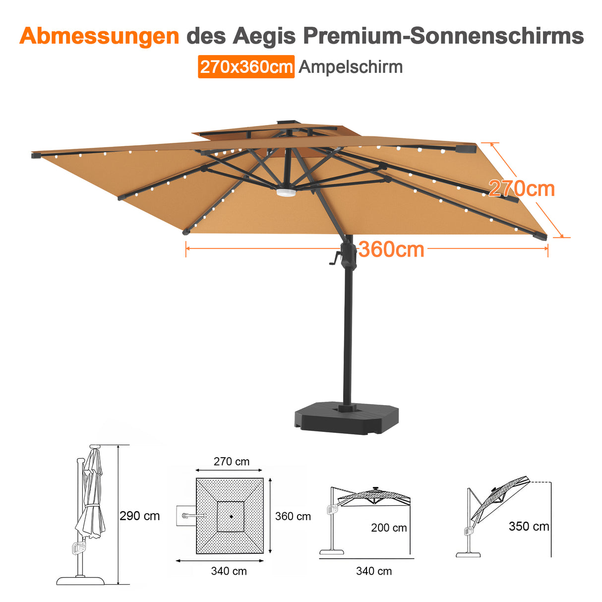 Patioslife Aegis Pro Ampelschirm mit LED-Beleuchtung – verstärkte, pulverbeschichtete Aluminiumkonstruktion für Garten und Terrasse