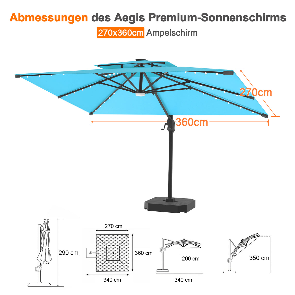 Patioslife Aegis Pro Ampelschirm mit LED-Beleuchtung – verstärkte, pulverbeschichtete Aluminiumkonstruktion für Garten und Terrasse