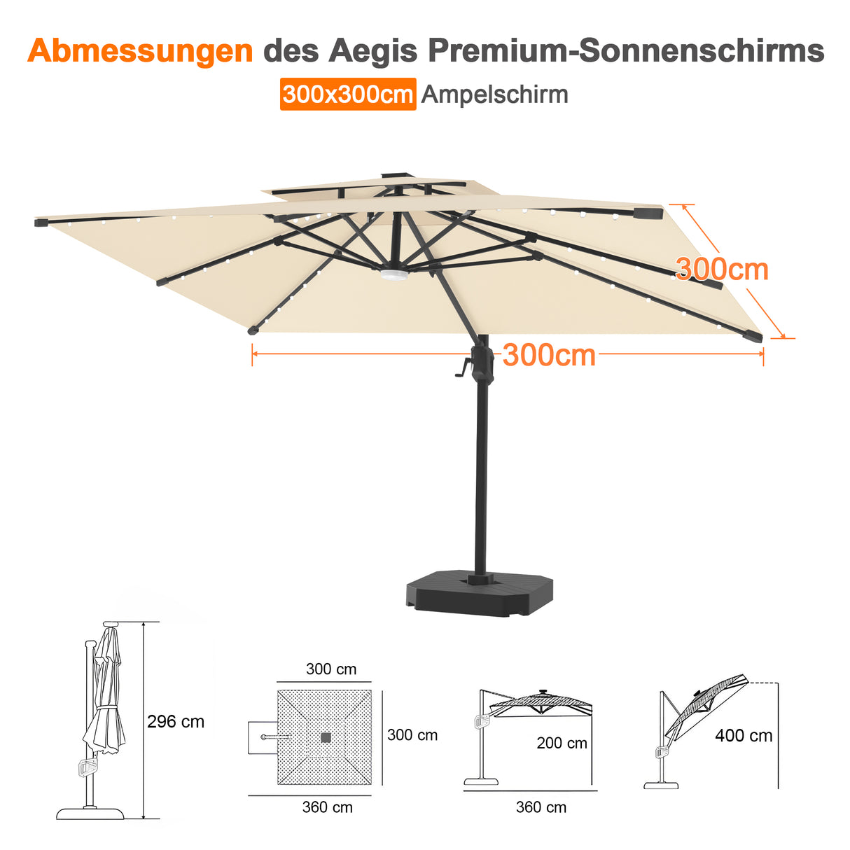 Patioslife Aegis Pro Ampelschirm mit LED-Beleuchtung – verstärkte, pulverbeschichtete Aluminiumkonstruktion für Garten und Terrasse