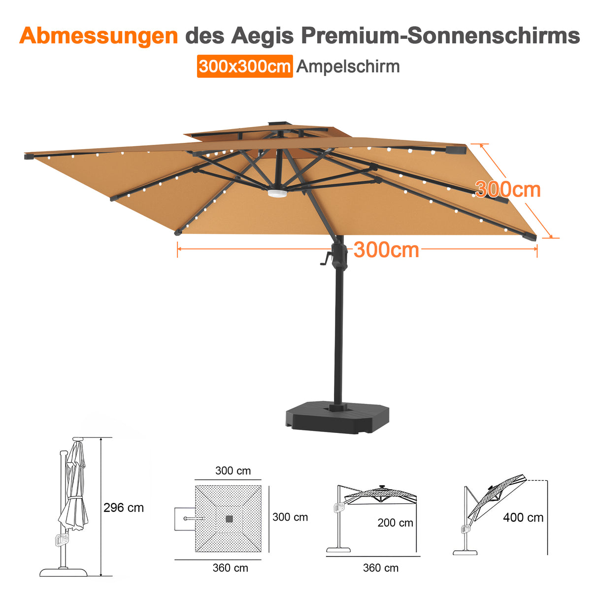 Patioslife Aegis Pro Ampelschirm mit LED-Beleuchtung – verstärkte, pulverbeschichtete Aluminiumkonstruktion für Garten und Terrasse
