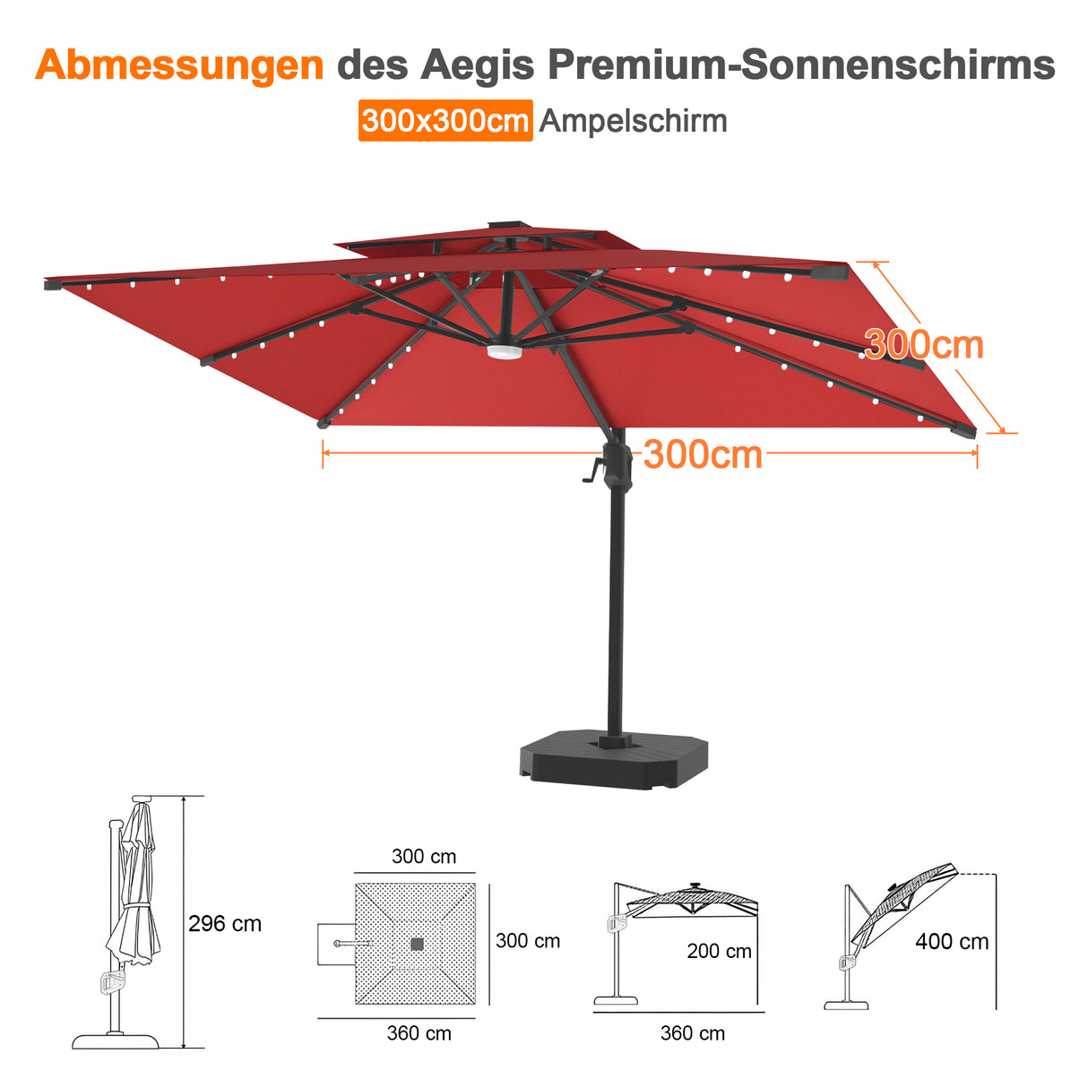 Patioslife Aegis Pro Ampelschirm mit LED-Beleuchtung – verstärkte, pulverbeschichtete Aluminiumkonstruktion für Garten und Terrasse