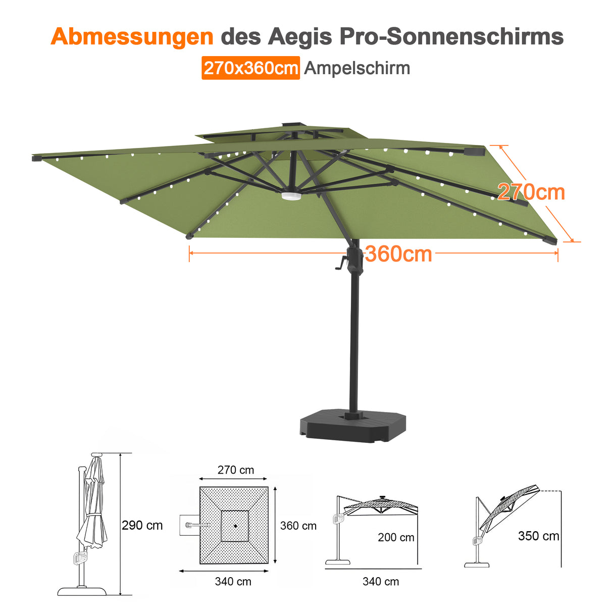 Patioslife Aegis Pro Ampelschirm mit LED-Beleuchtung – verstärkte, pulverbeschichtete Aluminiumkonstruktion für Garten und Terrasse