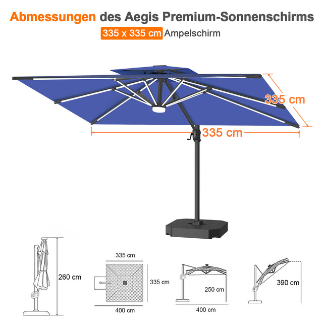 Patioslife Aegis Premium Ampelschirm mit integrierter LED-Beleuchtung, Fiberglasstreben, pulverbeschichtetem Aluminiumgestell und Schutzhülle