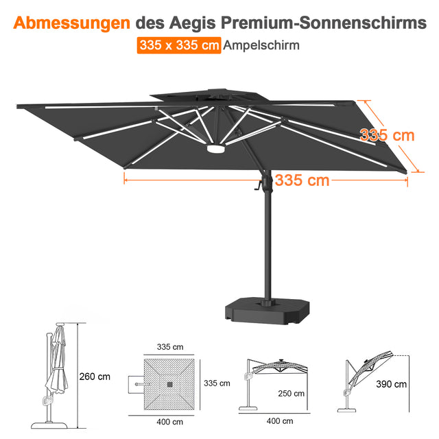 Patioslife Aegis Premium Ampelschirm mit integrierter LED-Beleuchtung, Fiberglasstreben, pulverbeschichtetem Aluminiumgestell und Schutzhülle