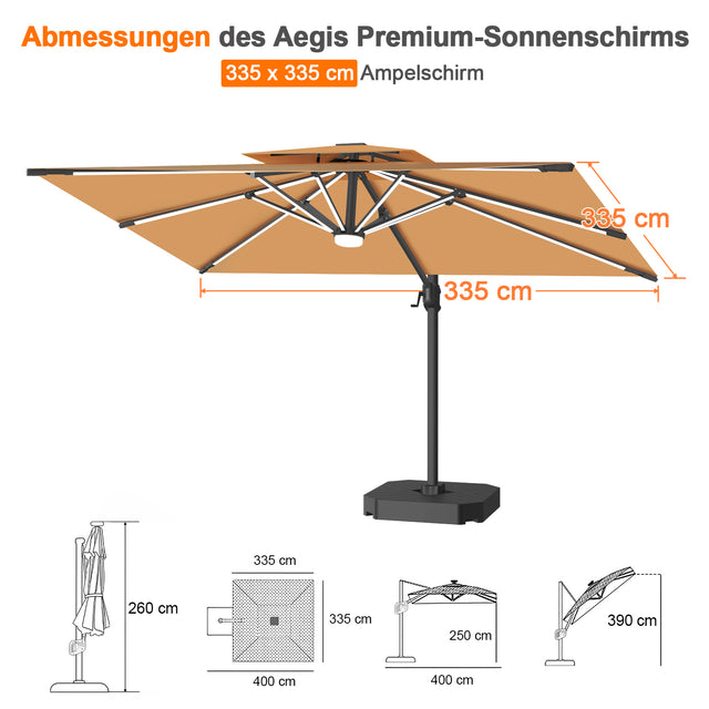 Patioslife Aegis Premium Ampelschirm mit integrierter LED-Beleuchtung, Fiberglasstreben, pulverbeschichtetem Aluminiumgestell und Schutzhülle