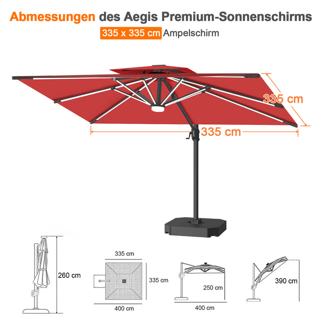 Patioslife Aegis Premium Ampelschirm mit integrierter LED-Beleuchtung, Fiberglasstreben, pulverbeschichtetem Aluminiumgestell und Schutzhülle