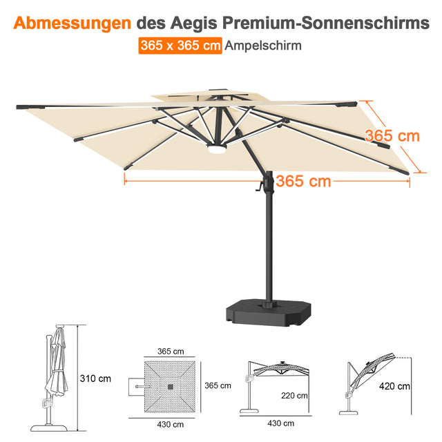 Patioslife Aegis Premium Ampelschirm mit integrierter LED-Beleuchtung, Fiberglasstreben, pulverbeschichtetem Aluminiumgestell und Schutzhülle