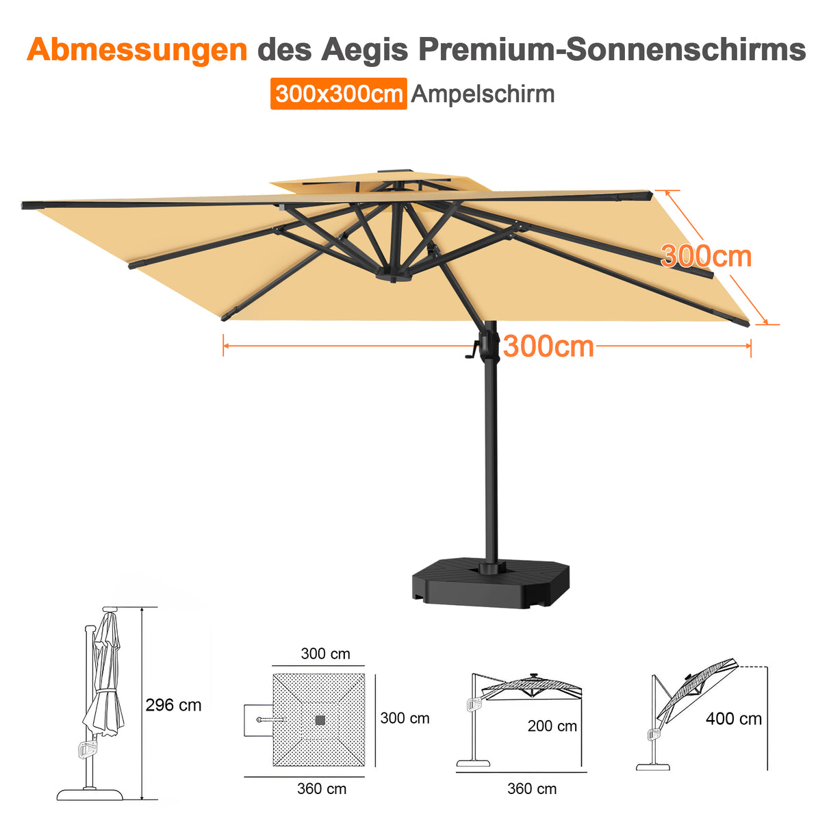 Patioslife Aegis Pro Ampelschirm -moderner Sonnenschirm mit Kreuzfuß und verstärktem