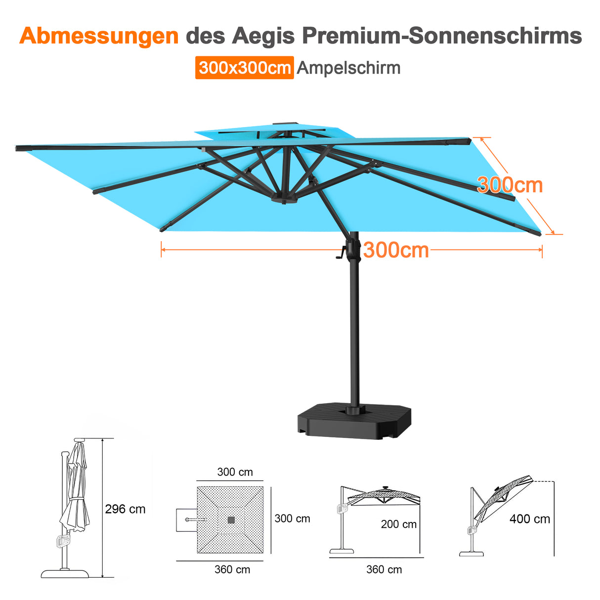 Patioslife Aegis Pro Ampelschirm -moderner Sonnenschirm mit Kreuzfuß und verstärktem