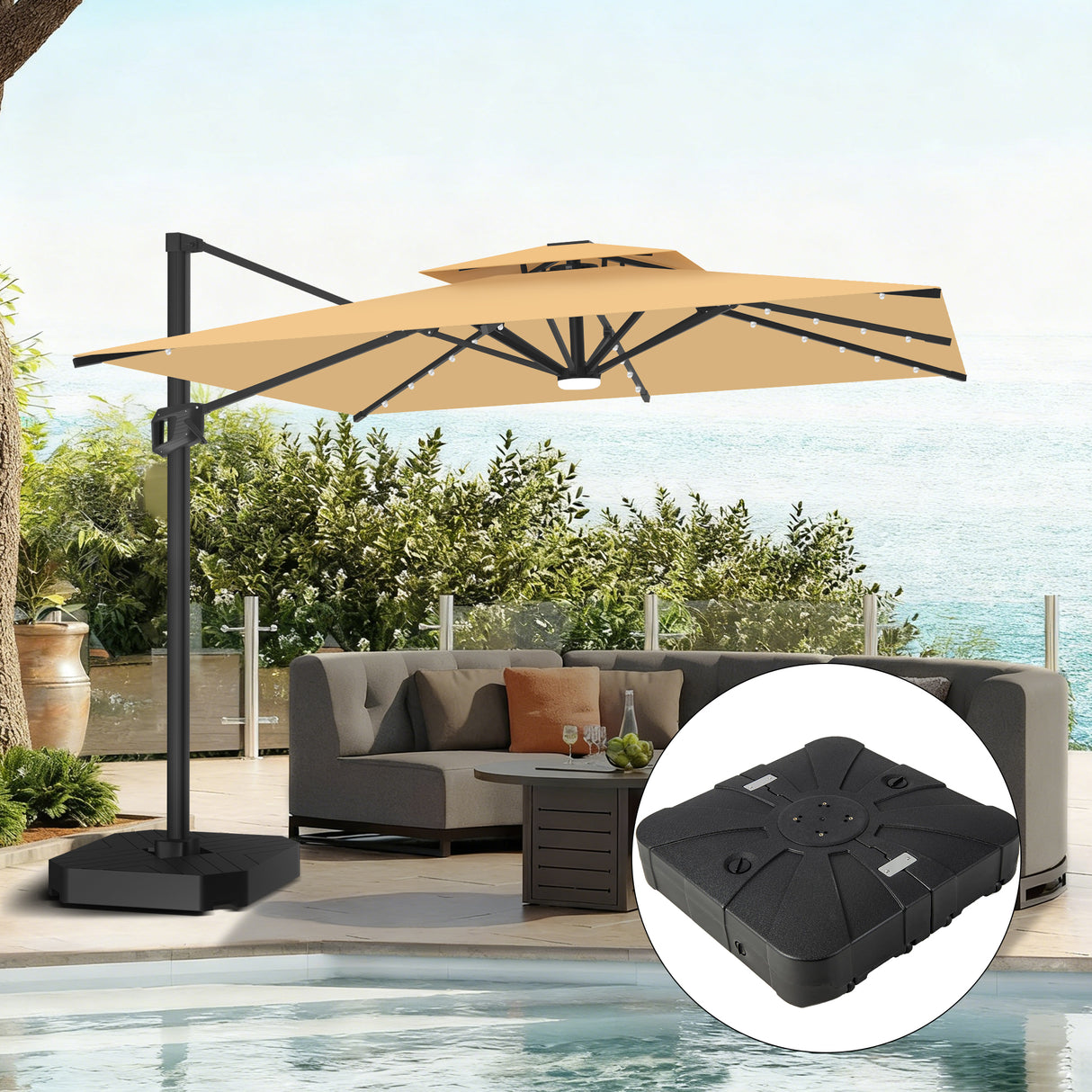 Patioslife Aegis Pro Ampelschirm mit LED-Beleuchtung – verstärkte, pulverbeschichtete Aluminiumkonstruktion für Garten und Terrasse