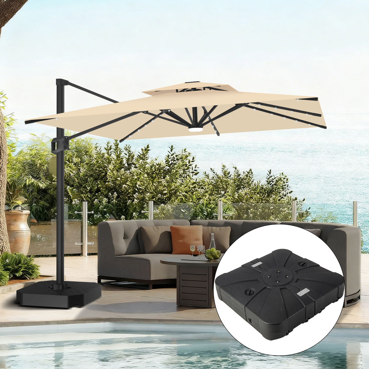 Patioslife Aegis Pro Ampelschirm mit LED-Beleuchtung – verstärkte, pulverbeschichtete Aluminiumkonstruktion für Garten und Terrasse