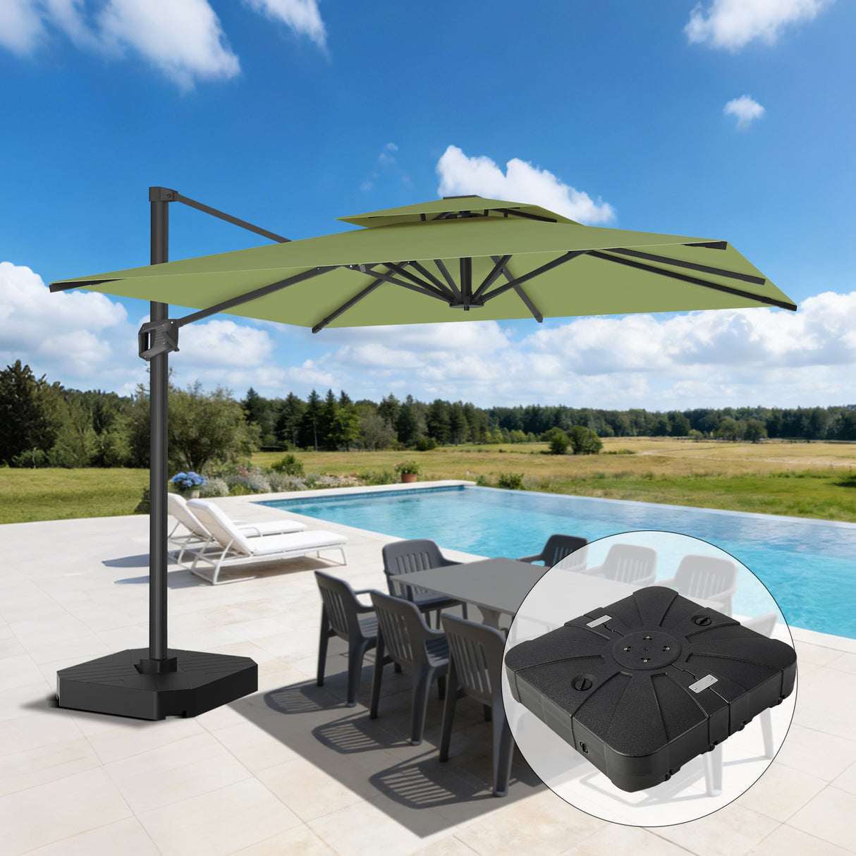 Patioslife Aegis Pro Ampelschirm -moderner Sonnenschirm mit Kreuzfuß und verstärktem Aluminiumgestell für Garten und Terrasse.