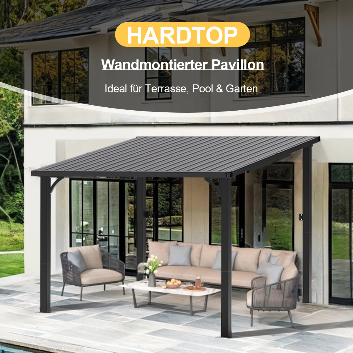 Patioslife Haven™ Hardtop-Pavillon aus Aluminium – wandmontiert mit festem Dach, für Garten und Terrasse