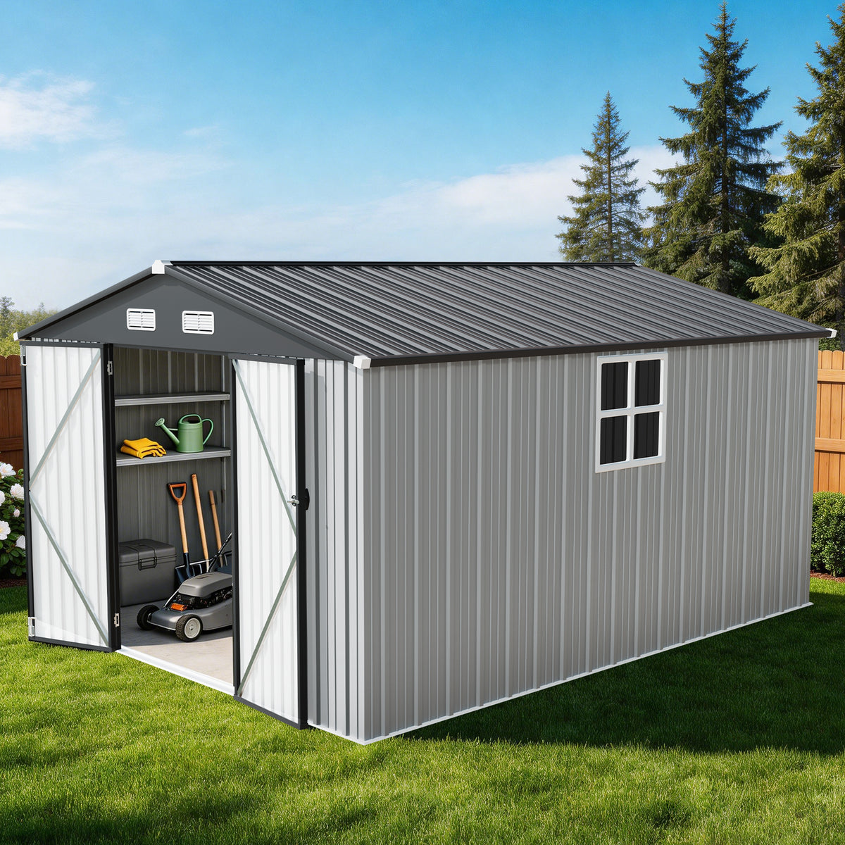 Patioslife YardVault Pro Gerätehaus Metall mit Fenster und abschließbarer Tür – aus verzinktem Stahl, rostgeschützt, extra stabil
