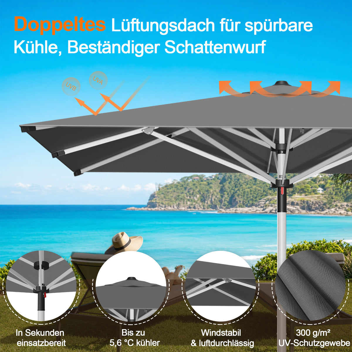 Patioslife Sonnenschirm – quadratisch & rund | Robuster Aluminiummast, doppelt belüftetes Schirmdach | 2,7 m, 3 m & 3,35 m