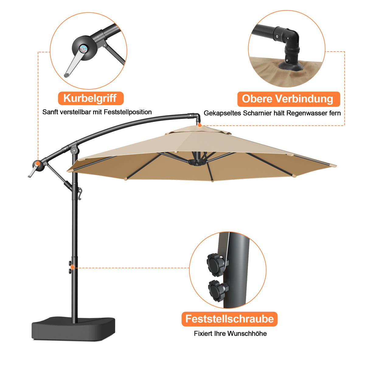 Patioslife Ampelschirm 3,0 m mit Standfuß – Stabiler Premium-Sonnenschirm für Terrasse, Garten & Lounge